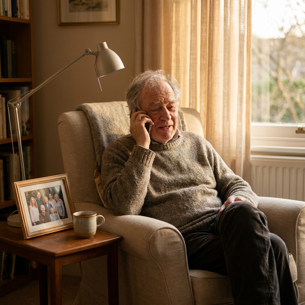 A senior man sitting in a cozy armchair near a sunlit window, holding a phone to his ear mid-conversation, with a framed family photo and a mug of tea on a side table in warm afternoon light