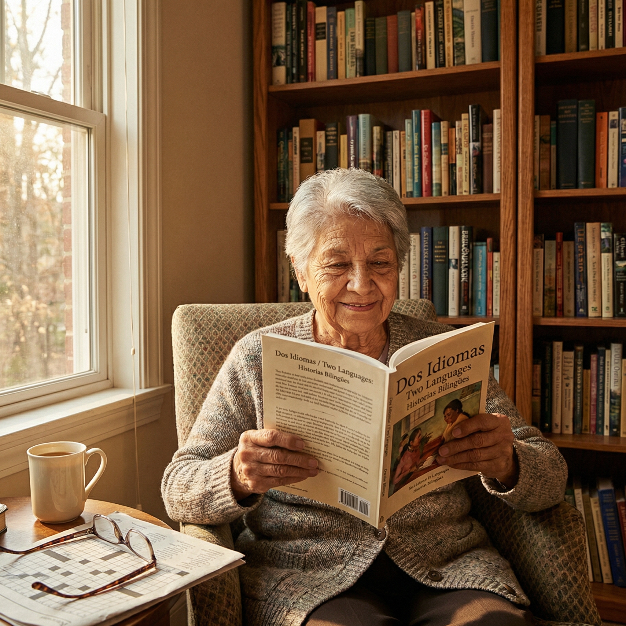 A senior woman sitting in an armchair reading a bilingual book by a sunny window