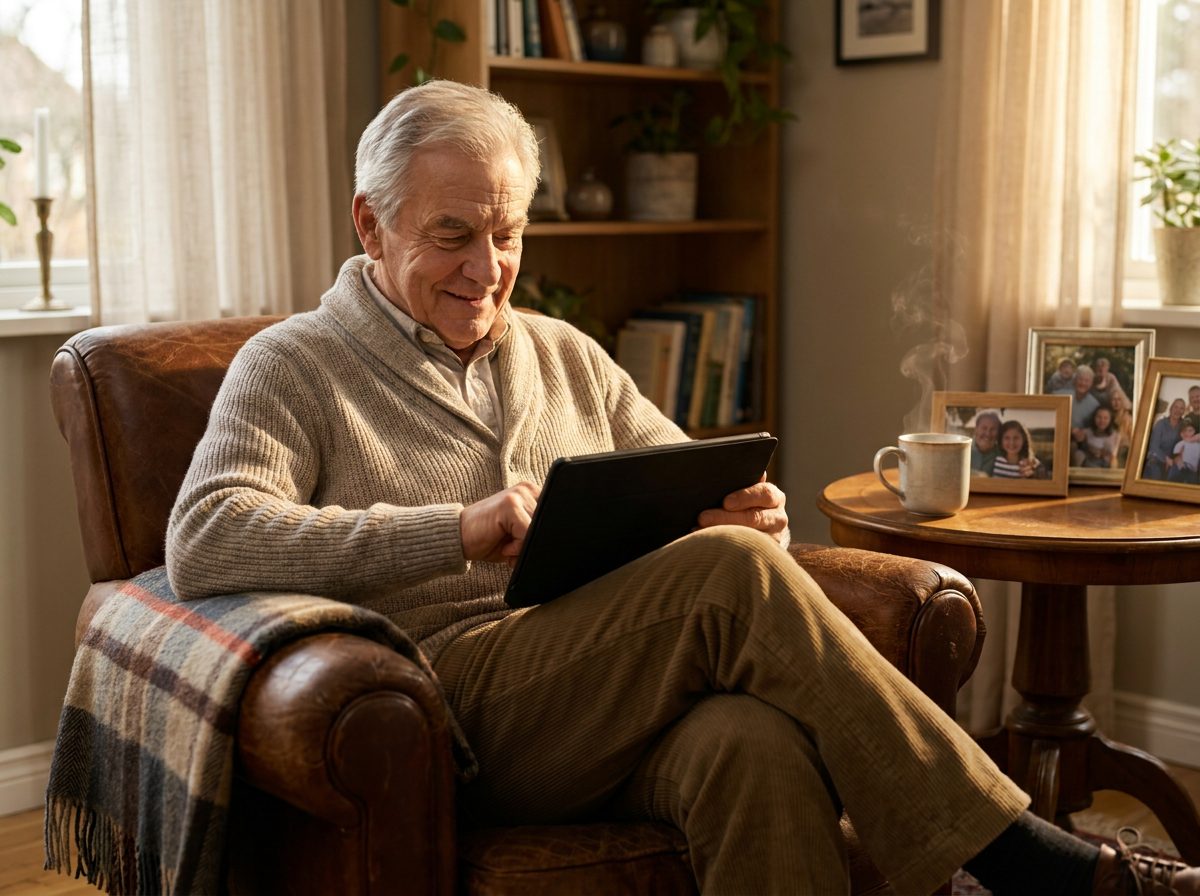 A senior man in a cozy living room sitting in an armchair holding a tablet, smiling warmly in soft golden afternoon light, with a knitted throw, family photos, and a mug of tea nearby