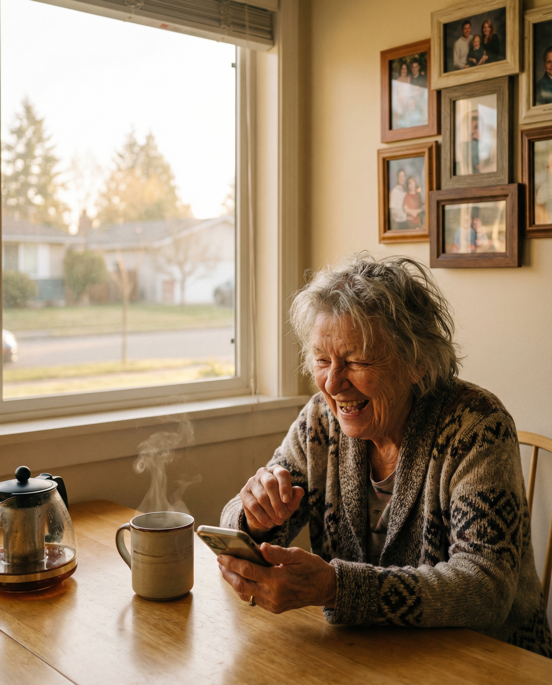 An elderly woman laughing joyfully while looking at a smartphone
