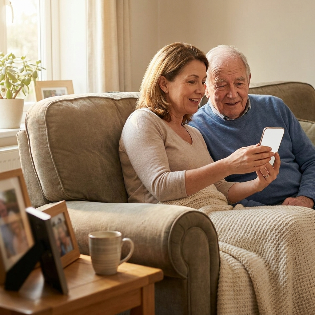 An adult daughter sitting close to her senior father on a cozy living room couch, gently showing him something on a smartphone in warm afternoon light, with a framed family photo and a mug of tea on the side table