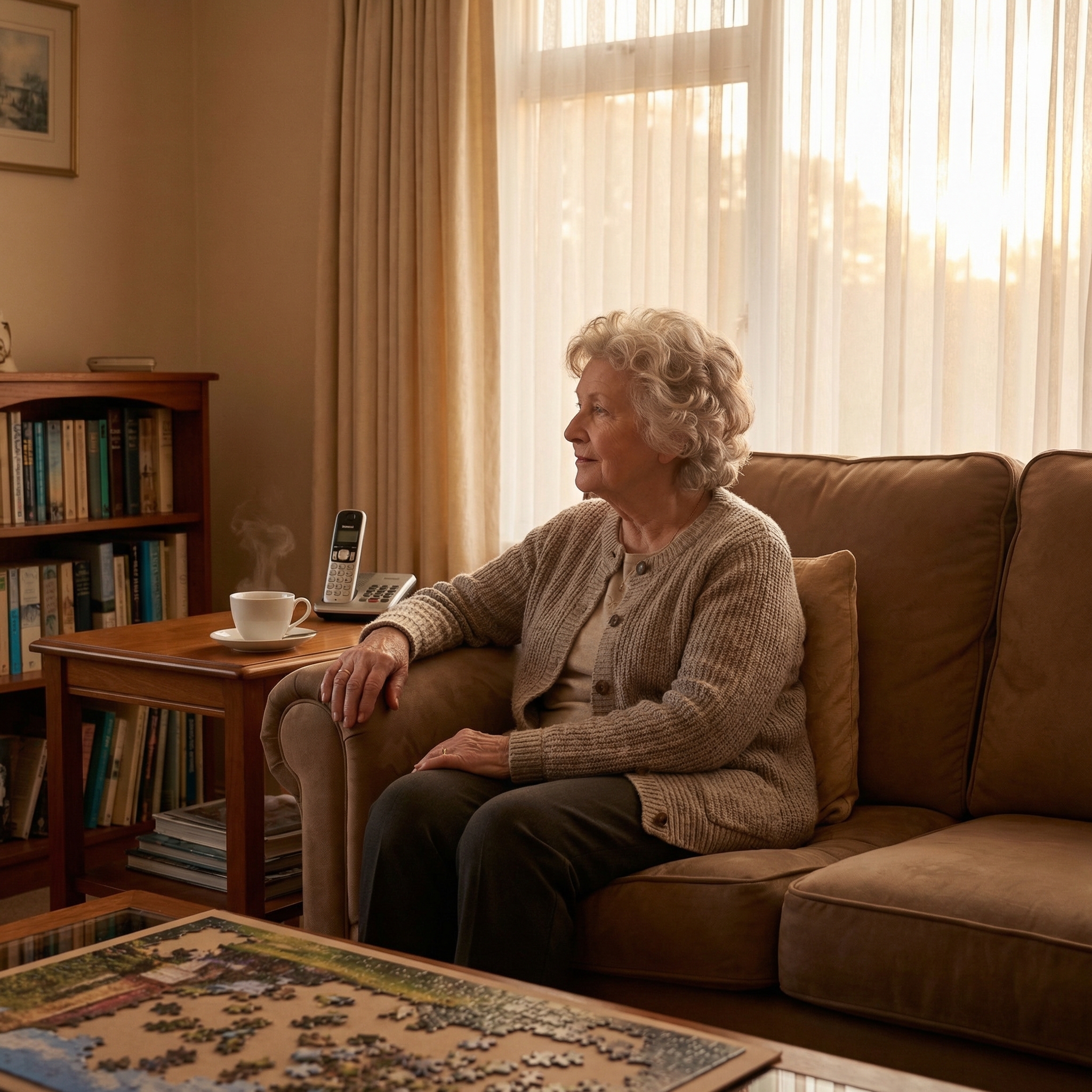 A senior woman sitting alone on a cozy sofa in warm golden-hour light, gazing thoughtfully out a window