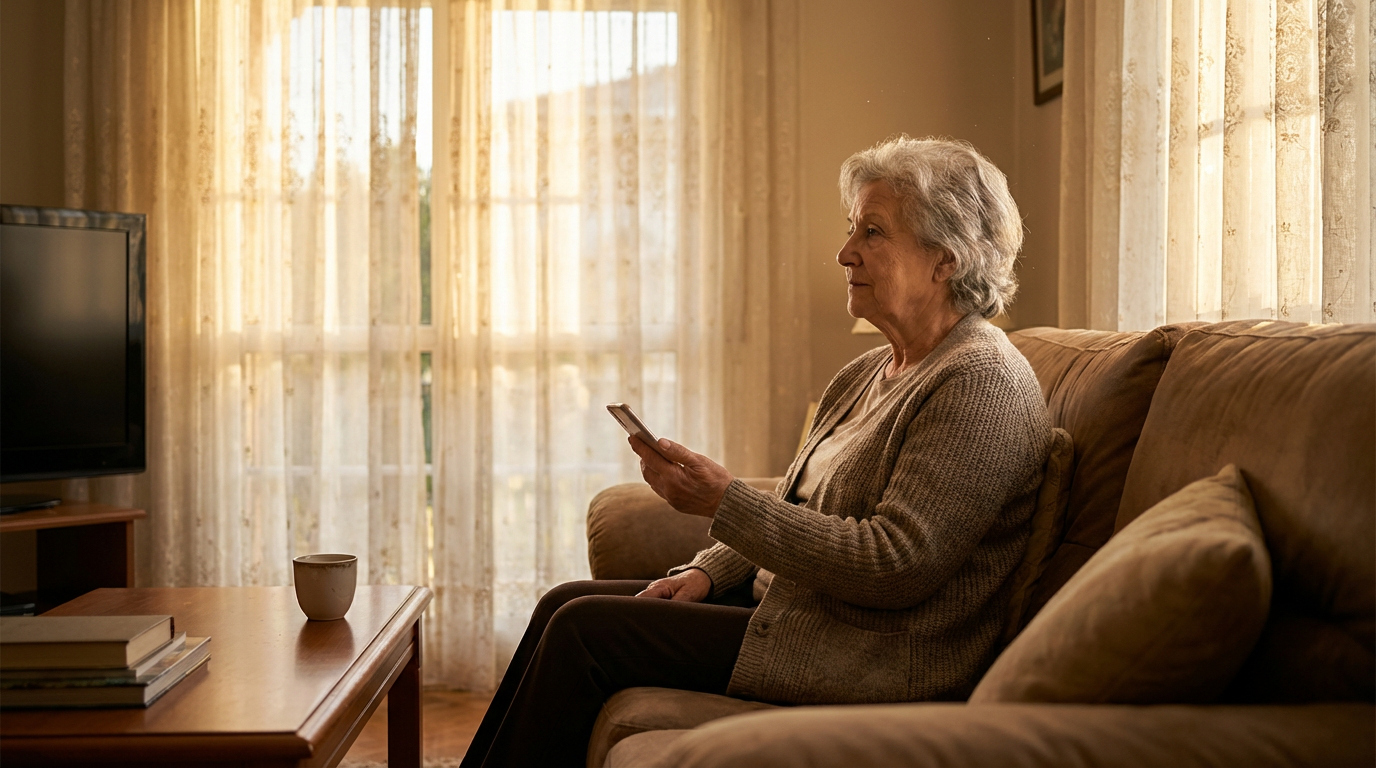 A senior woman sitting alone on a sofa in warm afternoon light, holding a phone and gazing contemplatively out a window