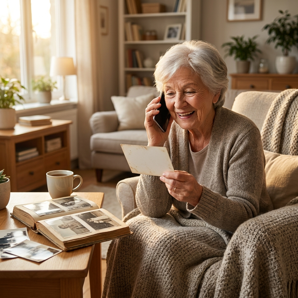 A senior woman laughing warmly during a phone call in a cozy armchair, holding an old photograph turned toward herself, with an open photo album and a cup of tea on the table in soft golden afternoon light