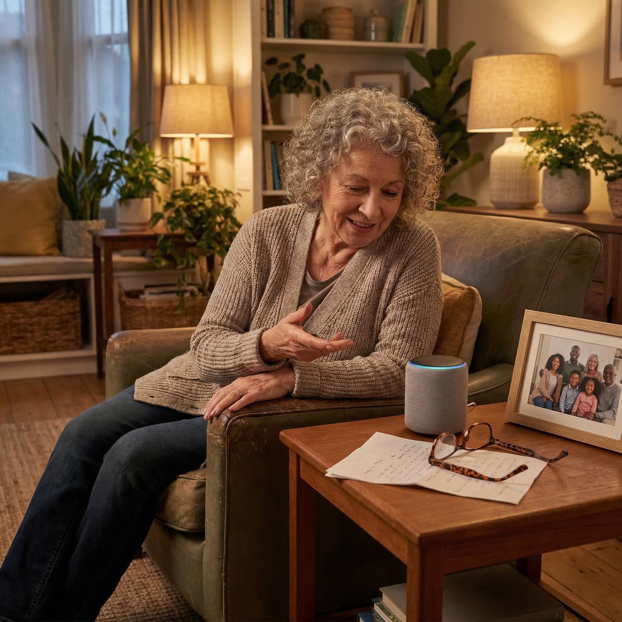 A senior woman smiling in a cozy living room while speaking with a voice AI device on a nearby table