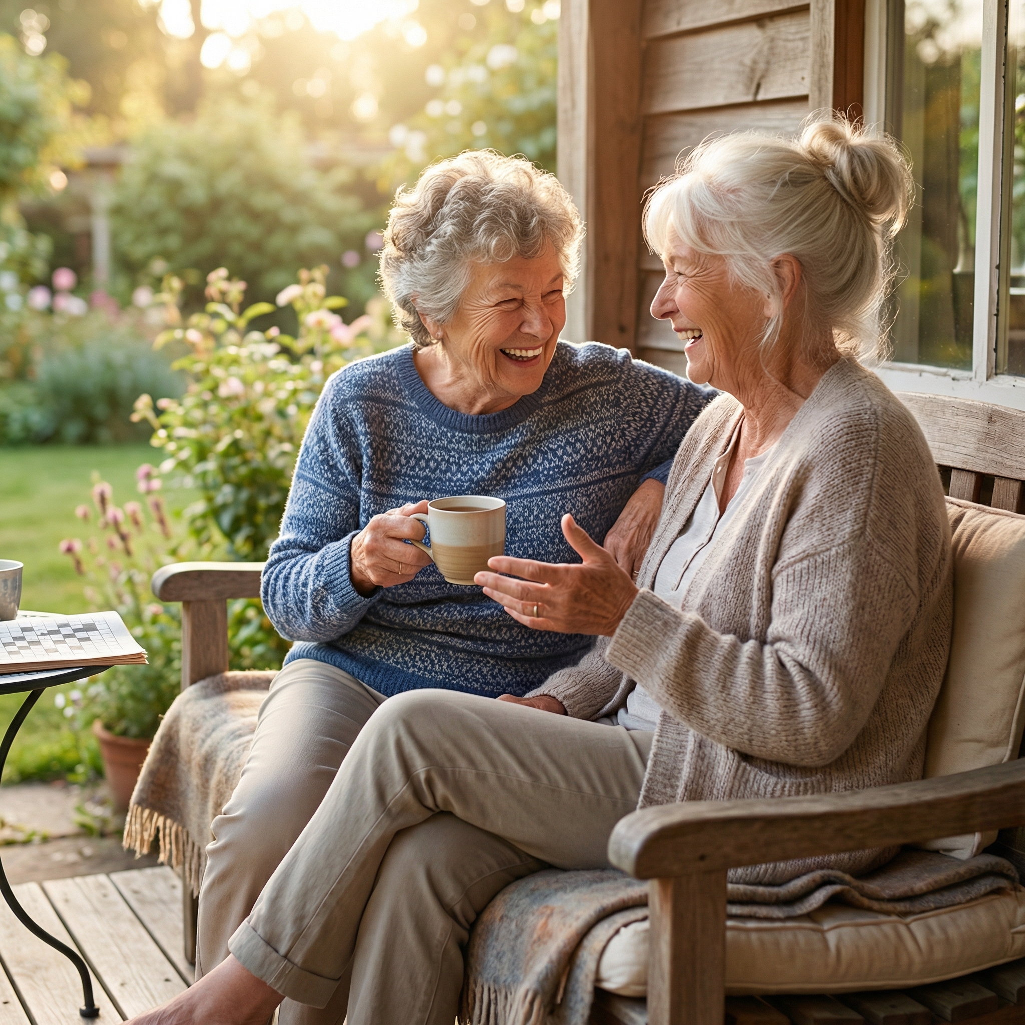 Two senior women laughing together on a porch bench in warm afternoon sunlight, one holding a cup of tea