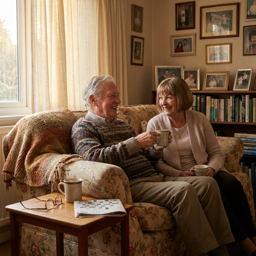 Two seniors sitting on a cozy sofa in a warmly lit living room sharing a relaxed conversation over coffee, with family photos on the wall behind them