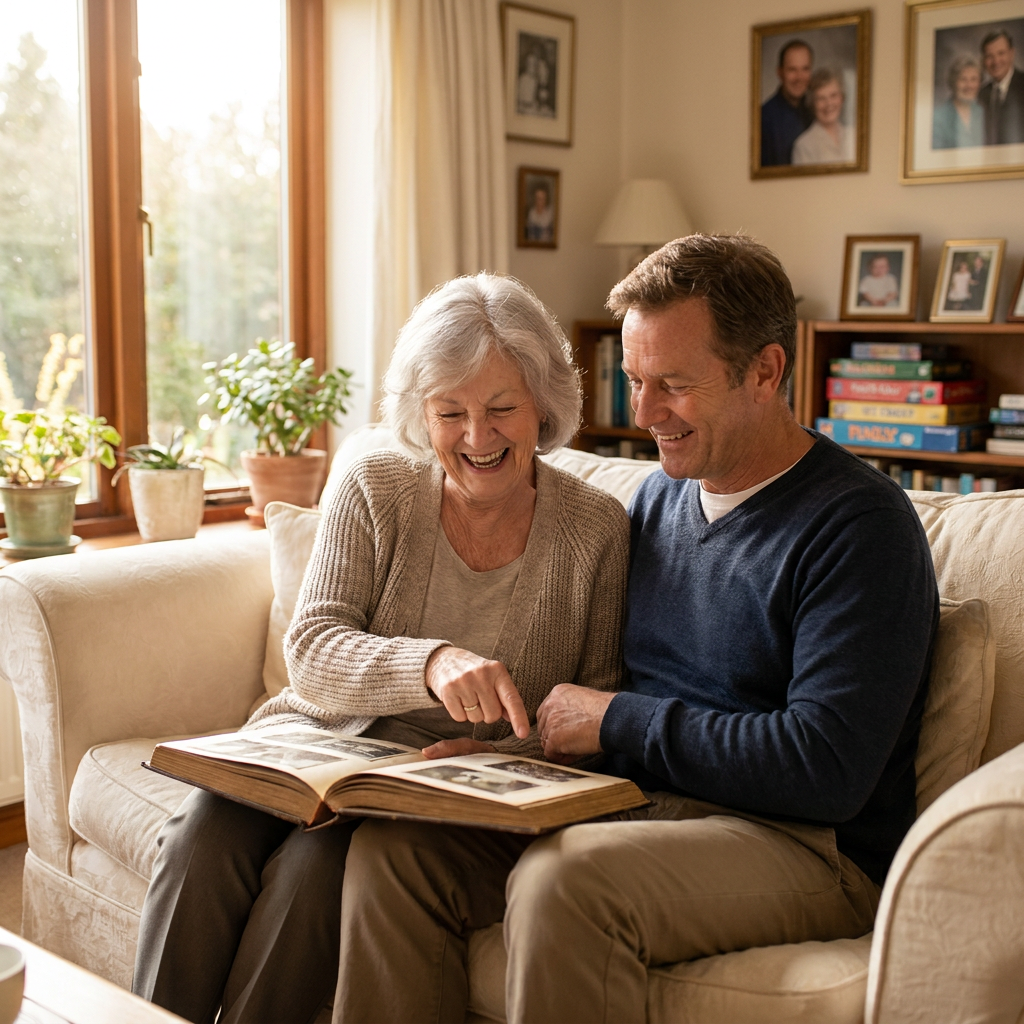 A senior parent and their adult child sitting close together on a cozy living room sofa, smiling while looking through an old printed photo album in warm afternoon light, with framed family photos in the background