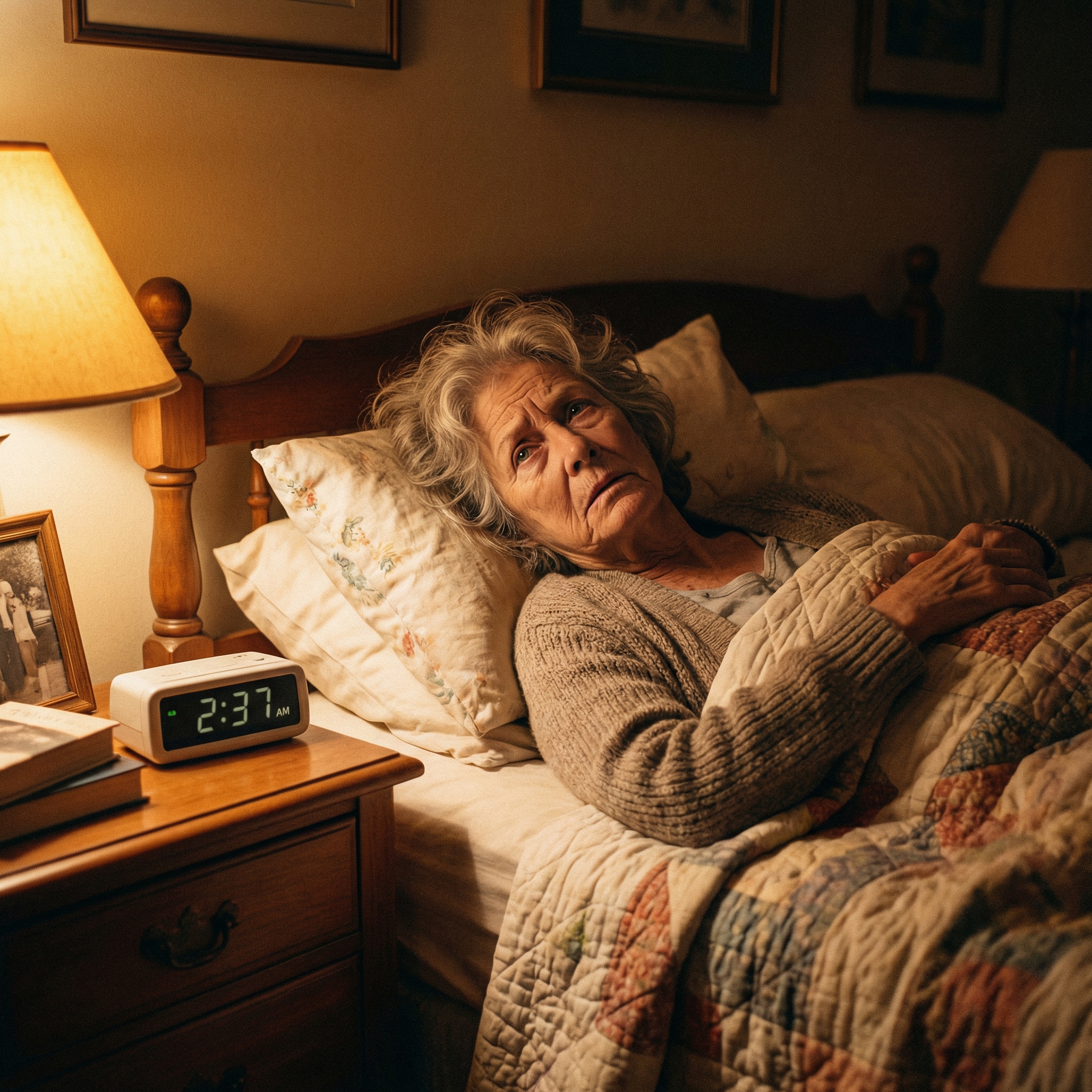 Senior lying awake in bed at night