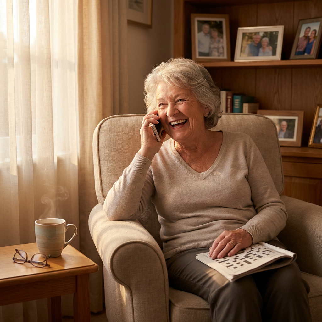 A senior woman laughing on a phone call in a cozy armchair, with a crossword puzzle on her lap, a cup of tea on the side table, and family photos behind her in warm afternoon light