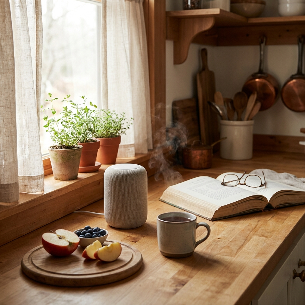 A sunlit kitchen counter with a small smart speaker, a steaming mug of tea, a wooden cutting board with apple slices and blueberries, an open cookbook, reading glasses, and potted herbs by a window with sheer curtains